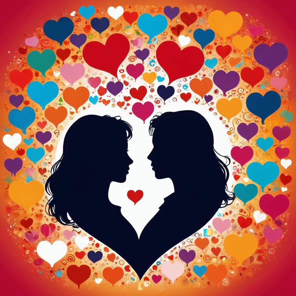 A vibrant, interconnected web of hearts symbolizing diverse relationships, with a silhouette of a couple joyfully connecting in the center. Surrounding the couple are symbols of dating strategies like chat bubbles, coffee cups, and romantic settings. The background features warm, inviting colors that evoke a sense of community and love. The overall scene radiates positivity and hope for finding soulmates. super-realistic. vibrant colors. 3D.