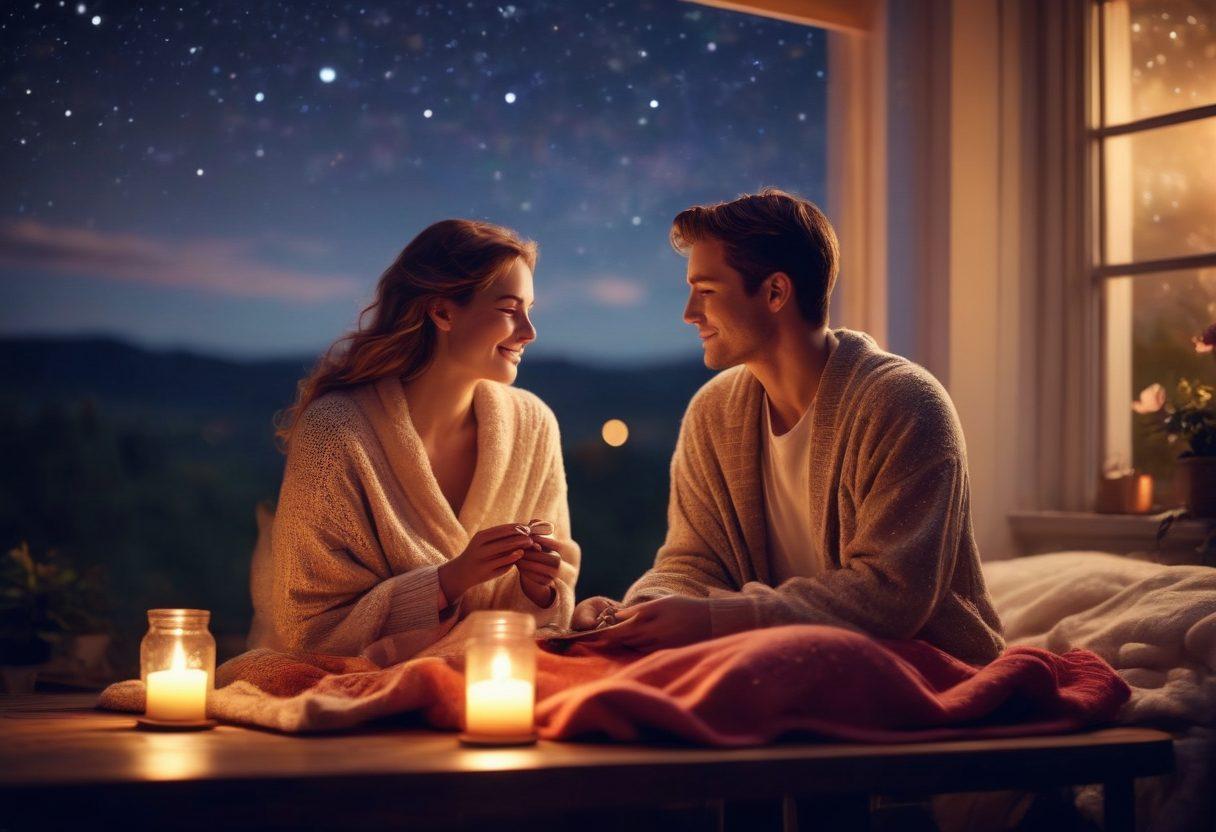 A couple sharing a heartfelt moment under a starry night sky, surrounded by soft glowing lights. They are engaged in a deep conversation, with their faces lit by warm candlelight. Include elements like a cozy blanket, a vintage record player playing in the background, and a small table with romantic treats. The atmosphere conveys warmth, intimacy, and love. dreamy. soft focus. vibrant colors. 3D.