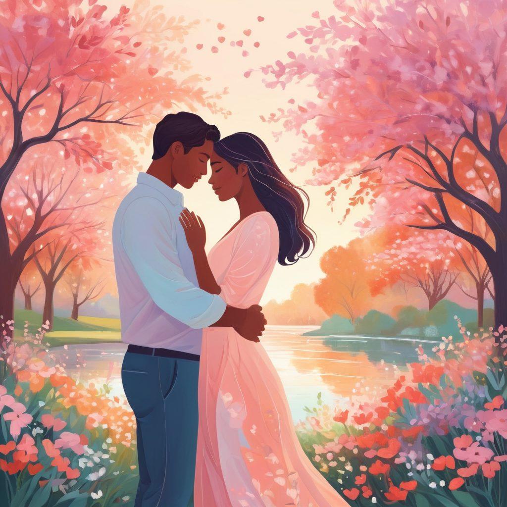 An abstract illustration of a couple embracing in a serene park setting, surrounded by blooming flowers and soft, warm lighting, symbolizing intimacy and compassion. Elements like hearts or gentle waves in the background to represent connection and emotional depth, highlighting modern courtship dynamics. Soft pastel colors and a dreamy atmosphere to evoke a feeling of warmth and safety. vector art. vibrant colors.